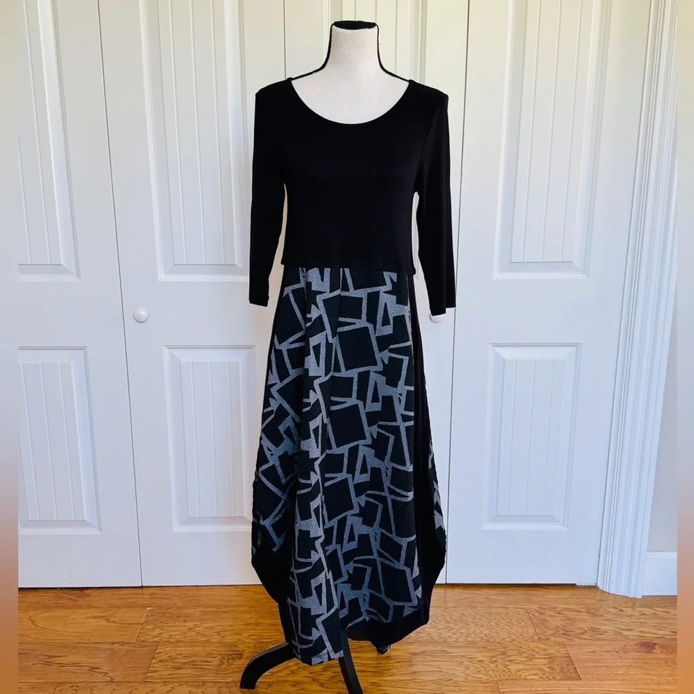 NWT KOZAN Artsy Black & Gray Geometric Print Dress Avant Garde Style Women XS - Picture 3 of 13